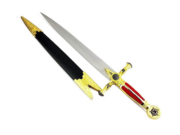 Espada Adaga Maçom Decorativa Lâmina em Metal Sem Corte 53CM C/ Bainha em Couro e Plástico Preto e Dourado