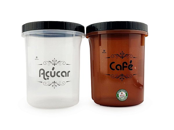 Conjunto Potes Para Café e Açúcar Conservador de Alimento Redondo Acoplado Nitron C/ Tampa Rosca 2L