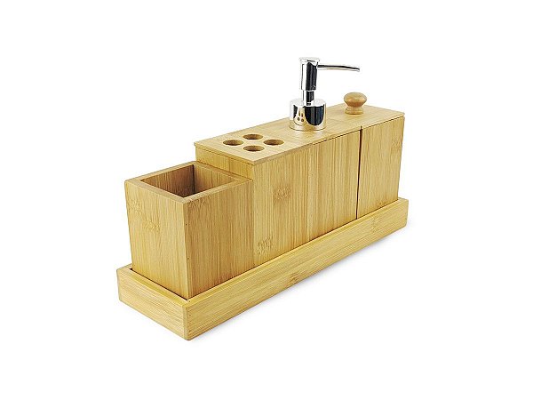 Kit Para Banheiro 5 Peças Dispenser de Sabão Liquido Porta Escova Em Bambu Ecokitchen Mimo Style