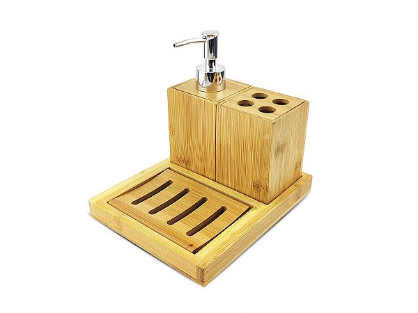 Kit Para Banheiro 4 Peças Dispenser de Sabão Liquido Porta Escova Em Bambu Ecokitchen Mimo Style