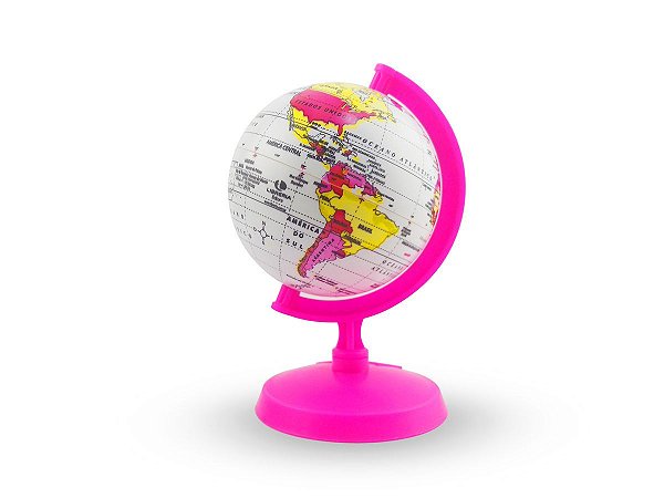 Globo Terrestre 16 cm Baby Rosa Pink Base e Haste em Plástico Mapa Mundi Nome de Países e Oceanos