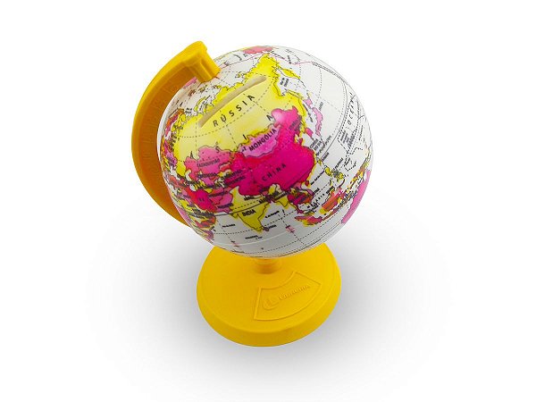 Globo Terrestre 16 cm Baby Millenium Amarelo Cofrinho Base e Haste em Poliestireno Mapa Mundi