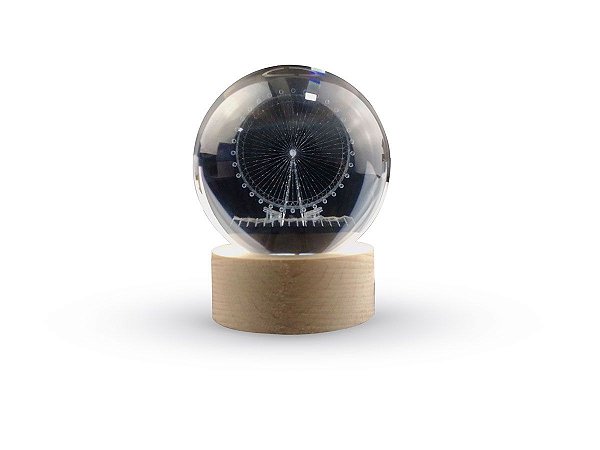 Luminária Abajur Globo Roda Gigante LED USB Enfeite Decorativo Esfera de Vidro 3D Base de Madeira