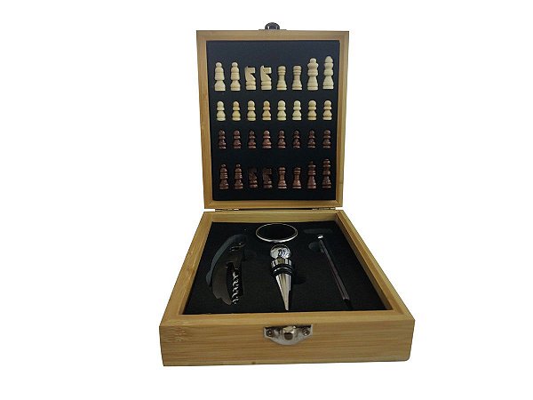 Kit de Acessórios para Vinho Com Caixa Mini Tabuleiro de Xadrez em Bambu Linha Luxo