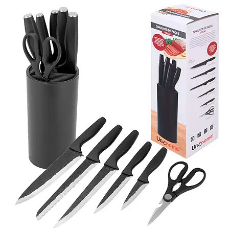 Jogo Conjunto de Facas Inox Texturizado Cabo Ergonômico 7 Peças Suporte ABS Linha Premium