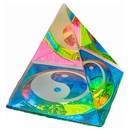 Enfeite de Vidro Ornamento Pirâmide de Cristal Prismatico Ying Yang Colorido 3D Tamanho Grande