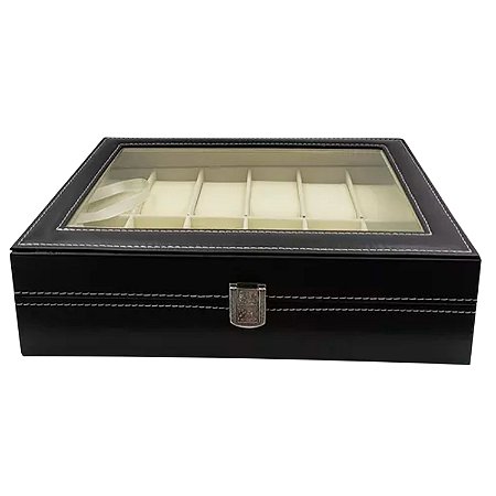 Estojo Para 12 Relógios Com Vidro Preto Com Interno Aveludado Gelo Caixa Maleta Porta Relógio