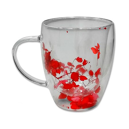 Caneca Xícara Chá Café Parede Dupla de Vidro Com Flores Vermelha Primavera Decorativas Presente