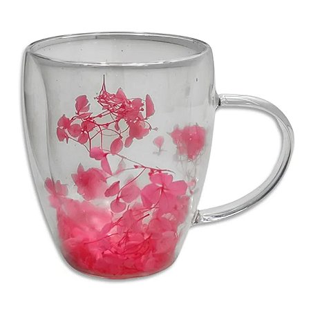Caneca Xícara Chá Café Parede Dupla de Vidro Com Flores Rosa Primavera Decorativas Presente