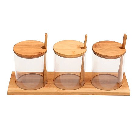 Potes de Vidro Porta Condimentos e Temperos Com Tampa e Colheres de Bambu 3 Unidades + Base