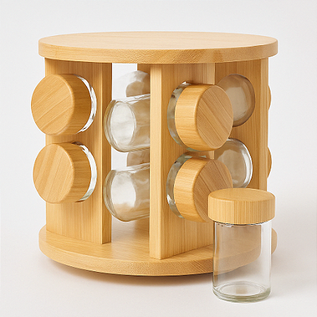 Porta Temperos Giratório Bambu com 8 Potes de Vidro Herméticos Design Sofisticado Premium