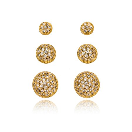 Brinco de trio dourado de zirconia banho em ouro 18k