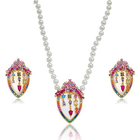 Conjunto de brinco e colar luxo cravejado de zirconia banho em ouro 18k