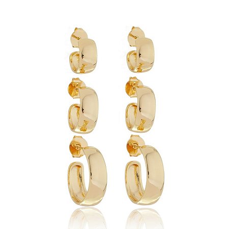 Brinco de trio de argola dourado banho em ouro 18k