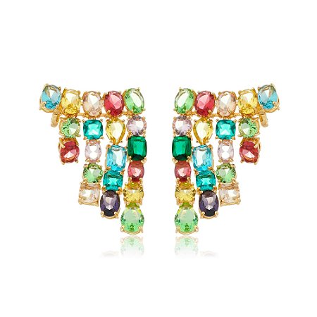 Brinco ear cuff cravejado de zirconia rainbow banho em ouro 18k