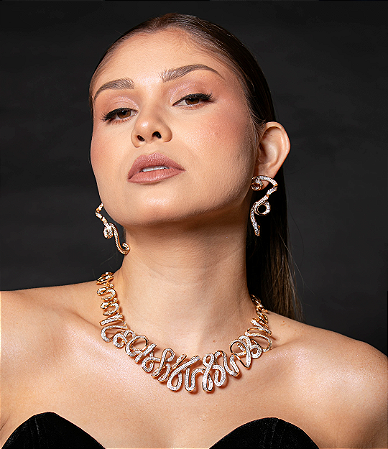 Conjunto de brinco e colar cravejado de zirconia cristal banho em ouro 18k