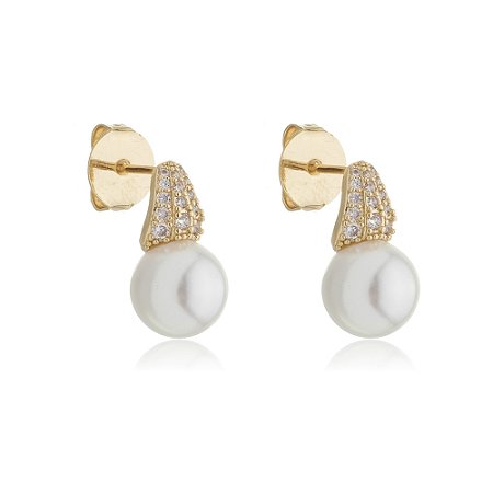 Brinco de perola com zirconia cristal banho em ouro 18k