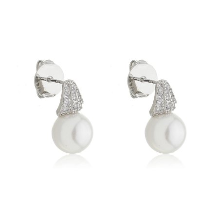 Brinco de perola com zirconia cristal banho em rodio branco