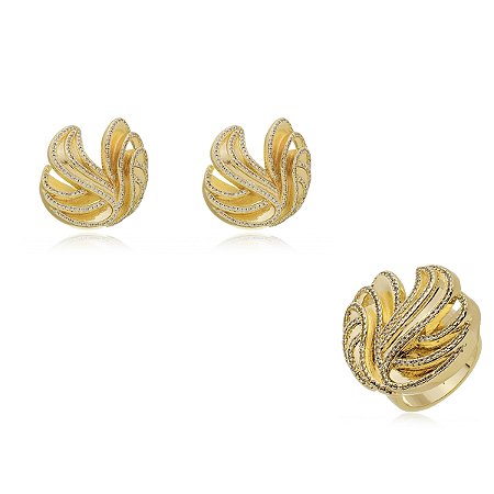 Conjunto de brinco e anel cravejado de zircônia cristal banho em ouro 18k