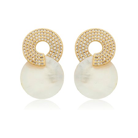 Brinco de zirconia com madreperola banho em ouro 18k