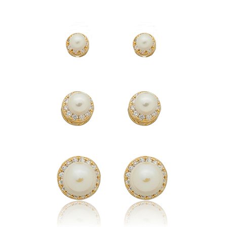 Brinco de trio de pérola banho em ouro 18k