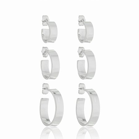Brinco de trio de argola banho em rodio branco