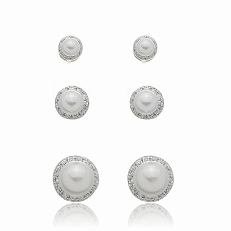 Brinco de trio de zirconia banho em rodio branco
