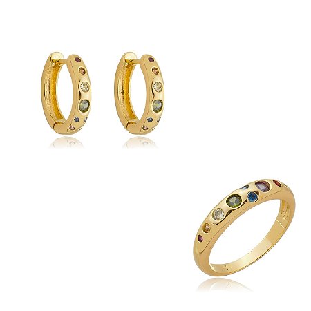 Conjunto de brinco e anel dourado banho em ouro 18k