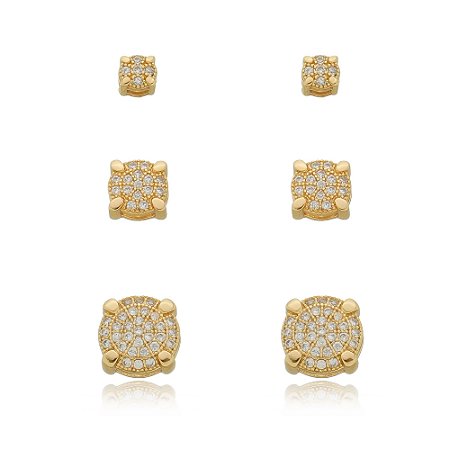 Brinco de trio de zirconia banho em ouro 18k