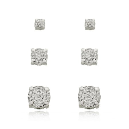 Brinco de trio de zirconia banho em rodio branco