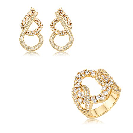 Conjunto luxo de brinco e anel cravejado em zircônia cristal banho em ouro 18k
