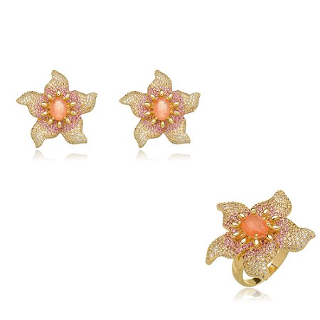 Conjunto luxo de brinco e anel laranja banho em ouro 18k