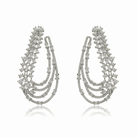 Brinco de zirconia cristal banho em rodio branco