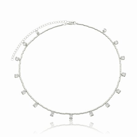 Colar choker de zirconia banho em rodio branco