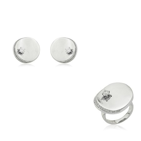 Conjunto de brinco e anel banho em rodio branco