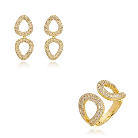 Conjunto de brinco e anel luxo banho em ouro 18k