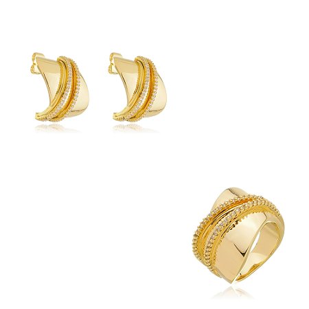 Conjunto de brinco e anel de zirconia banho em ouro 18k