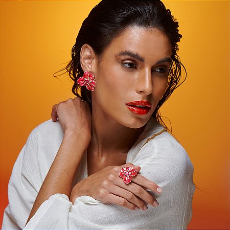 Conjunto de brinco e anel esmaltado banho em ouro 18k