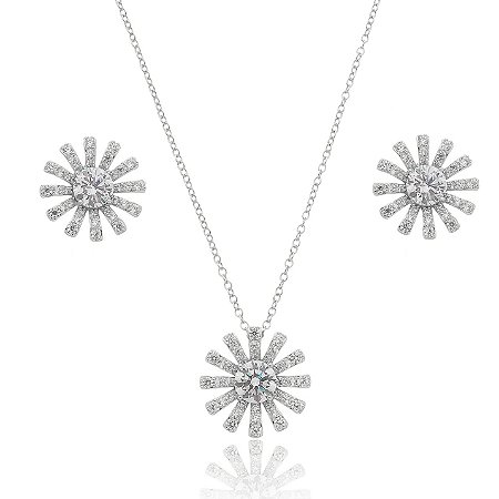 Conjunto de colar e brinco com zirconia banho em ródio branco