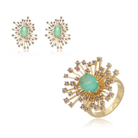 Conjunto de brinco e anel cravejado de zircônia ametista com pedra fusion turmalina banho em ouro 18k