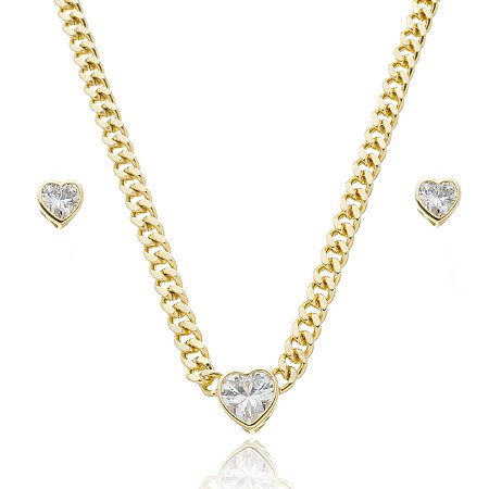 Conjunto de brinco e colar dourado de coração banho em ouro 18k