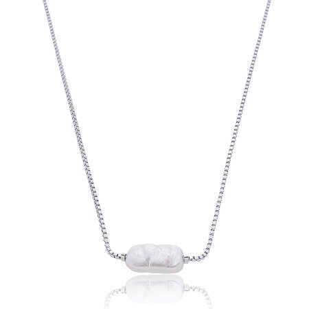 Colar de corrente com pérola banho em rodio branco