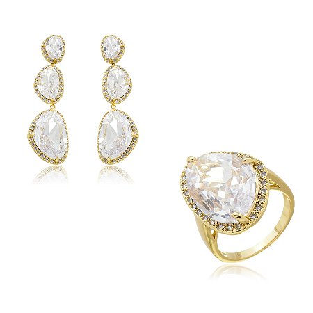 Conjunto de brinco e anel com zirconia banho em ouro 18k