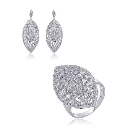 Conjunto de brinco e anel com zirconia banho em rodio branco
