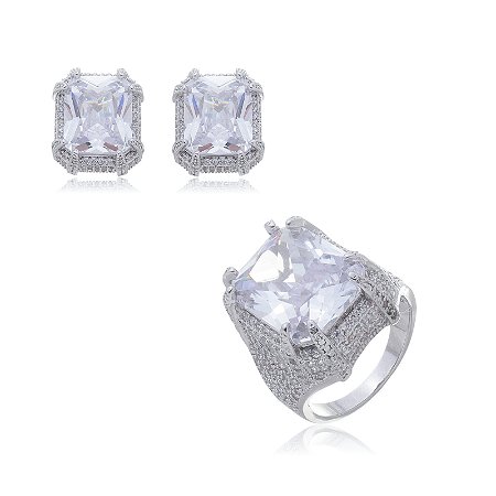 Conjunto de brinco e anel com zirconia banho em rodio branco