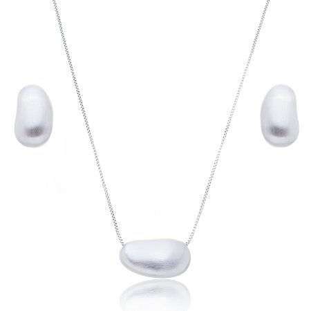 Conjunto de brinco e colar acetinado banho em rodio branco