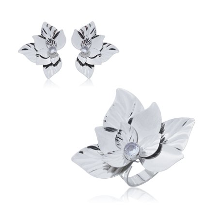 Conjunto de brinco e anel liso regulável banho em rodio branco