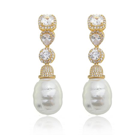 Brinco de perola cravejado de zirconia cristal banho em ouro 18k