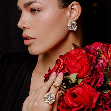 Conjunto de brinco e anel dourado com zirconia banho em ouro 18k