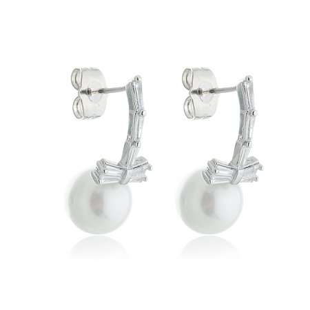Brinco de pérola com zirconia banho em rodio branco